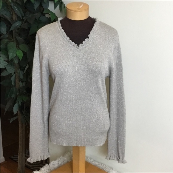 Liz Claiborne Sport long sleeve sweater Womans large gray sparkle v neck - Picture 1 of 12